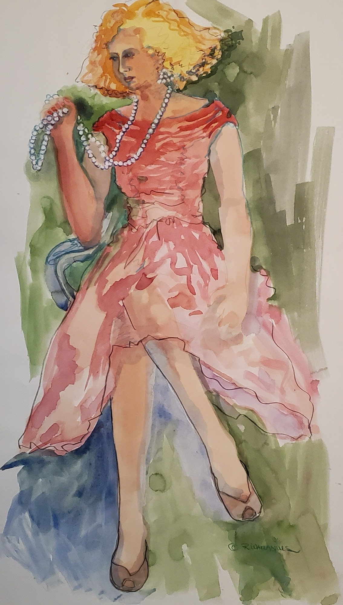 Model, Pearls and Pink Dress