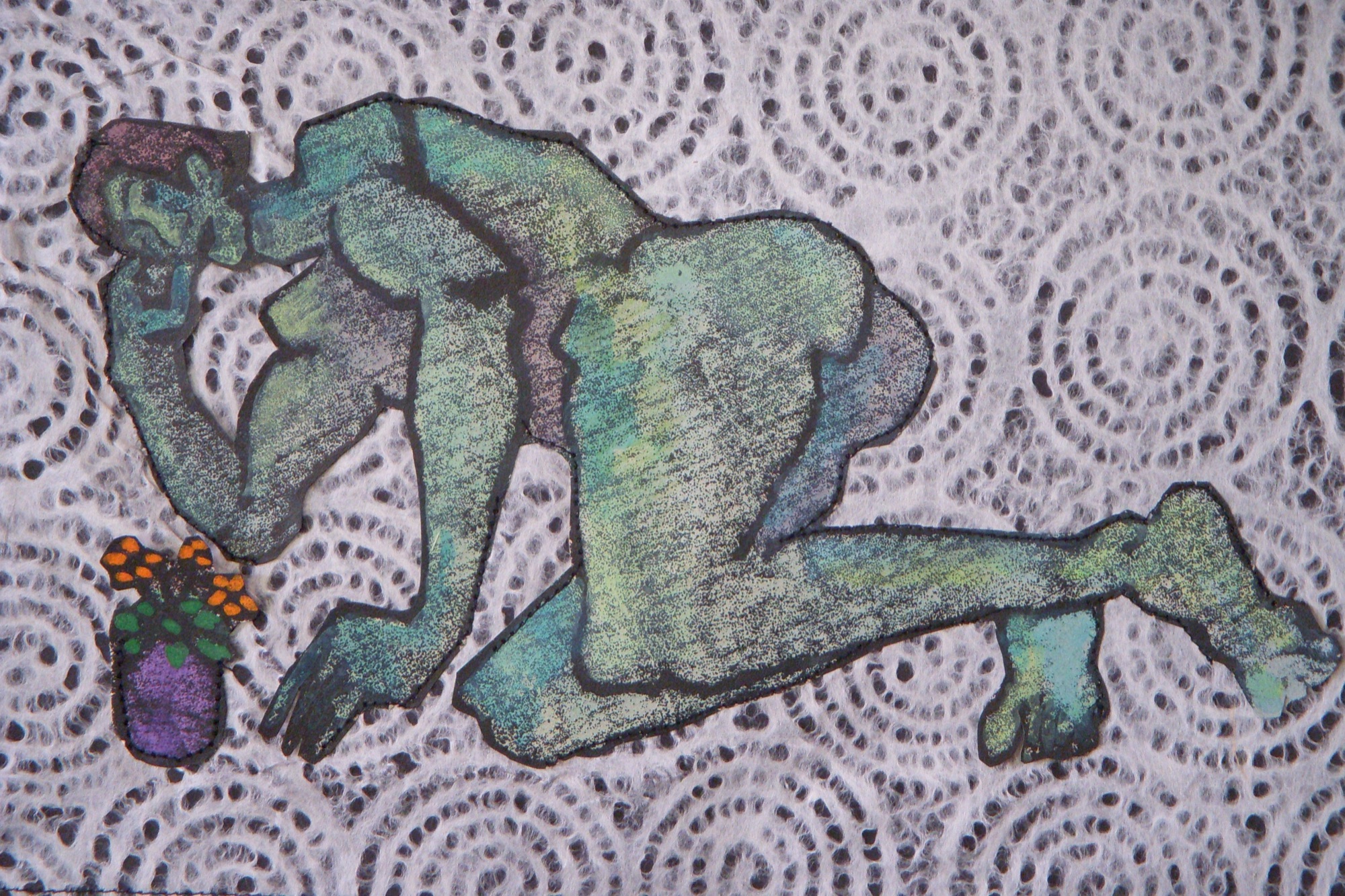 Green Male Nude Contemplating Flowers